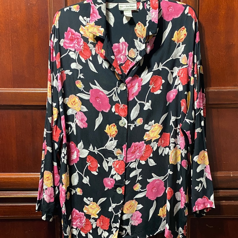 August Max Woman Vintage Black Pink & Yellow Floral Design plus size 24W blouse
